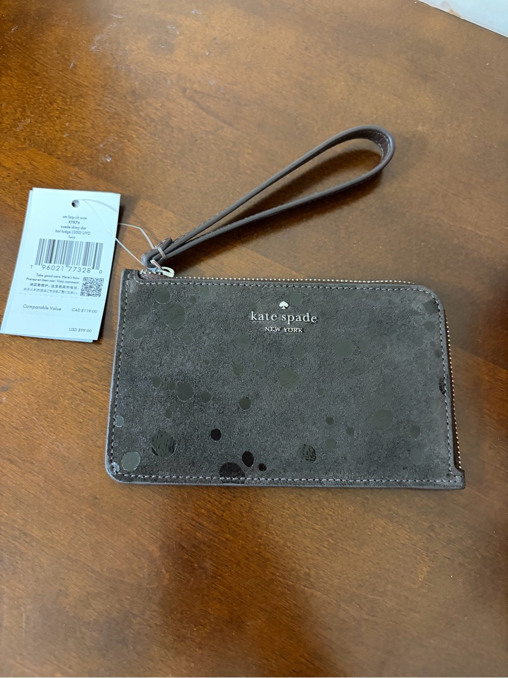 kate spade New York Lucy Suede Dots Small Wristlet in Hot Fudge